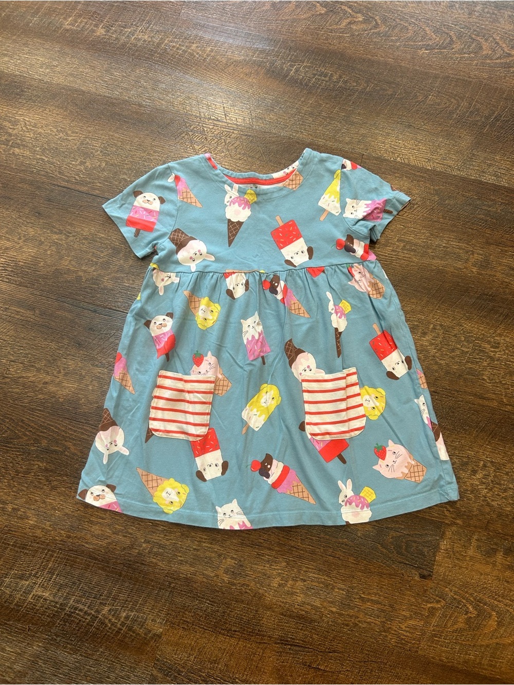 Mini Boden Blue Ice Cream & Animal Print Dress with Striped Pockets